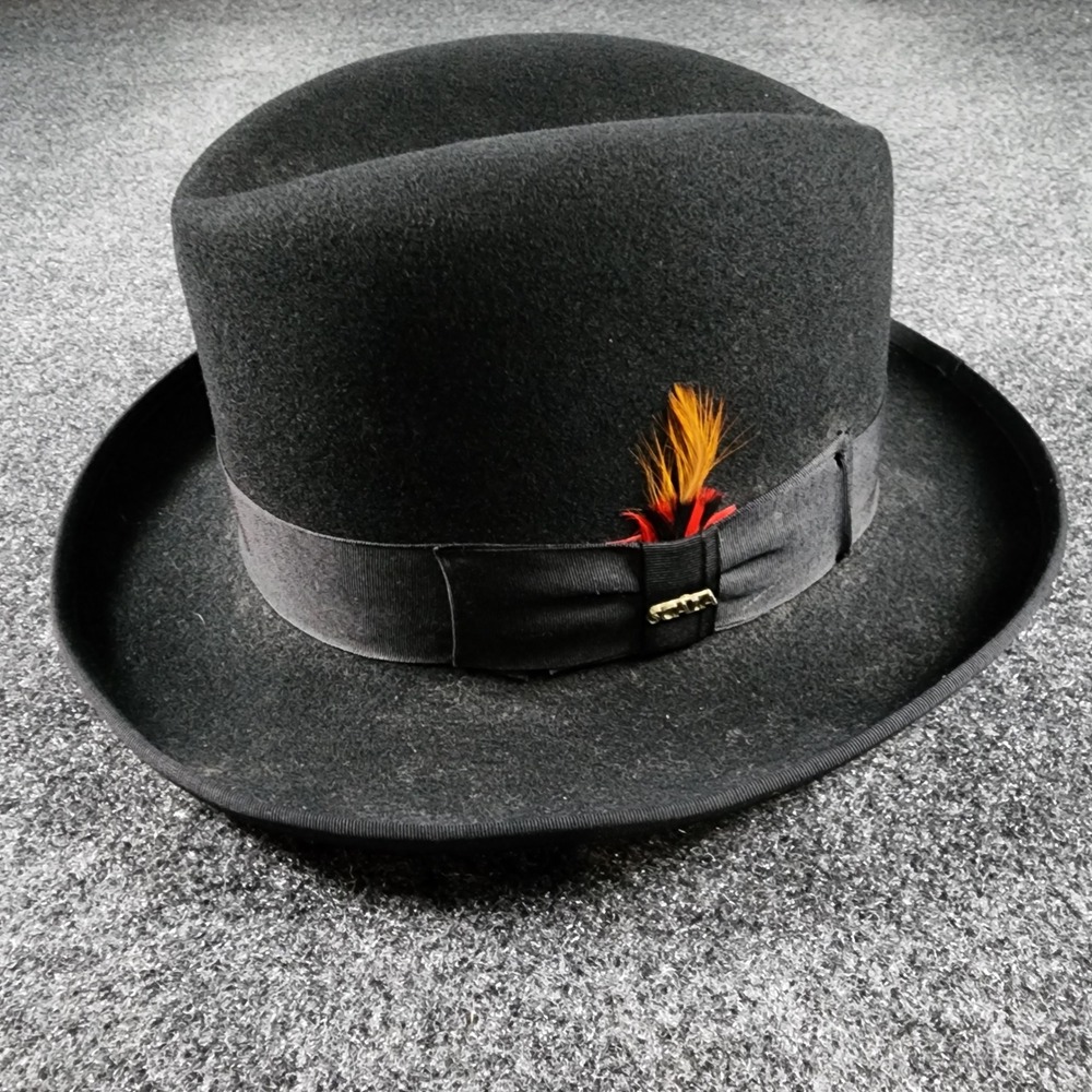 Scala Godfather Homburg Hat Mens L Black Wool Felt Feather WF545